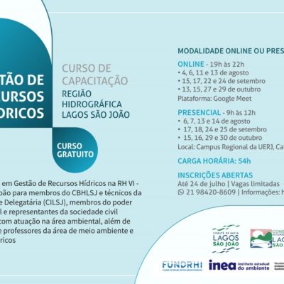 Formação gratuita oferece modalidades presencial e online e busca ampliar o conhecimento sobre a gestão das águas na Região Hidrográfica Lagos São João